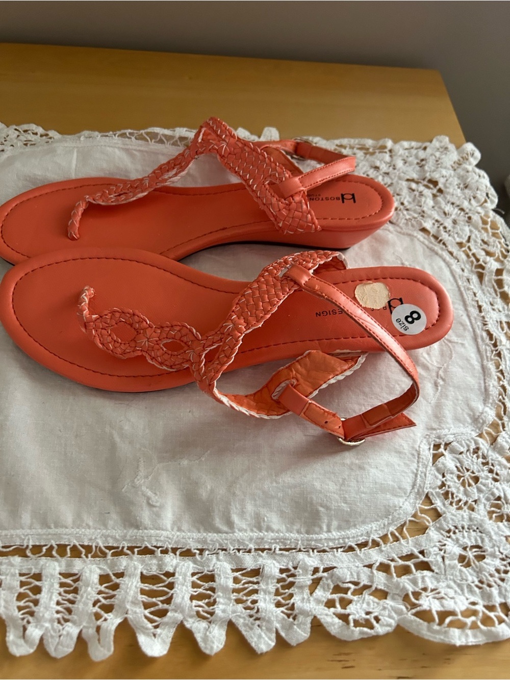 Braided T-Strap Sandals in Coral Orange - Picture 3 of 7